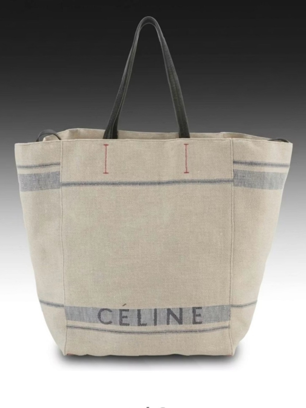 Céline Large Cabas Phantom Tote Bag in Beige/Blue Canvas and Black Leather